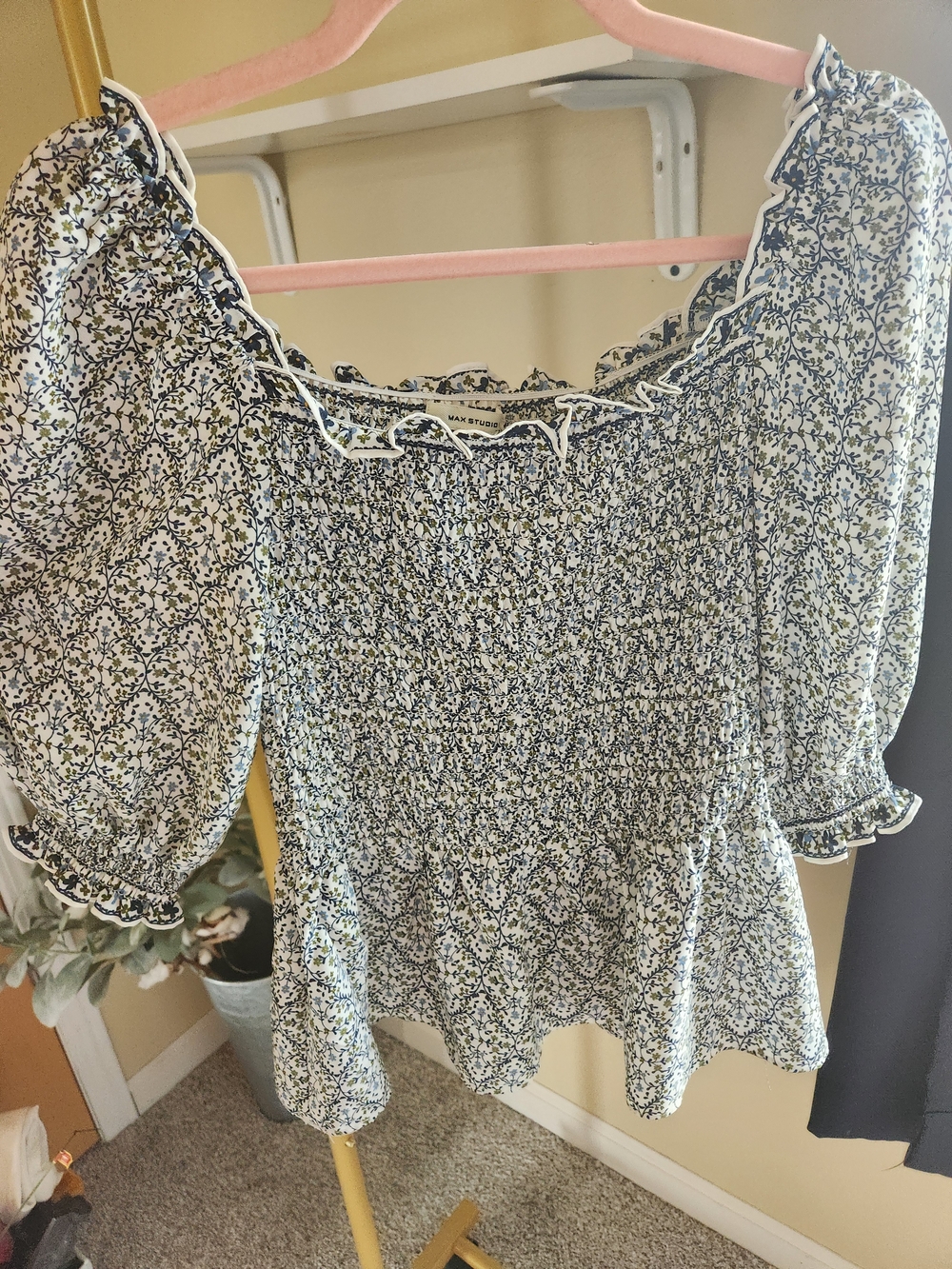 Max Studio Navy and White Floral Smocked Peasant Blouse